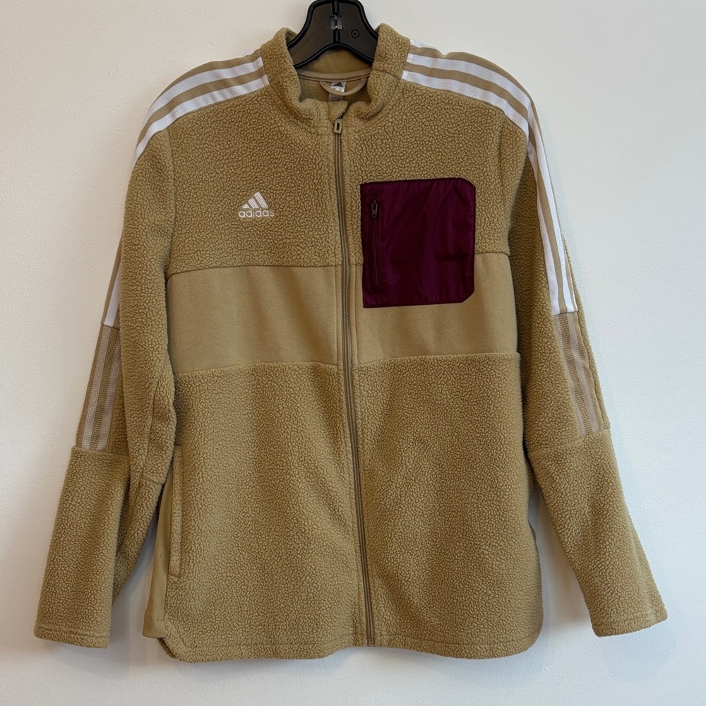Adidas Tan Fleece Jacket with Burgundy Pocket